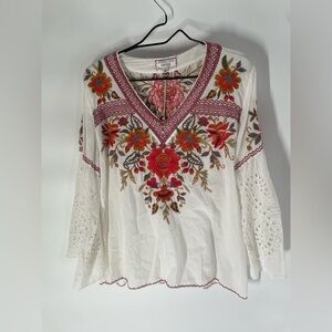 Johnny Was White Blouse with Red Floral Embroidery